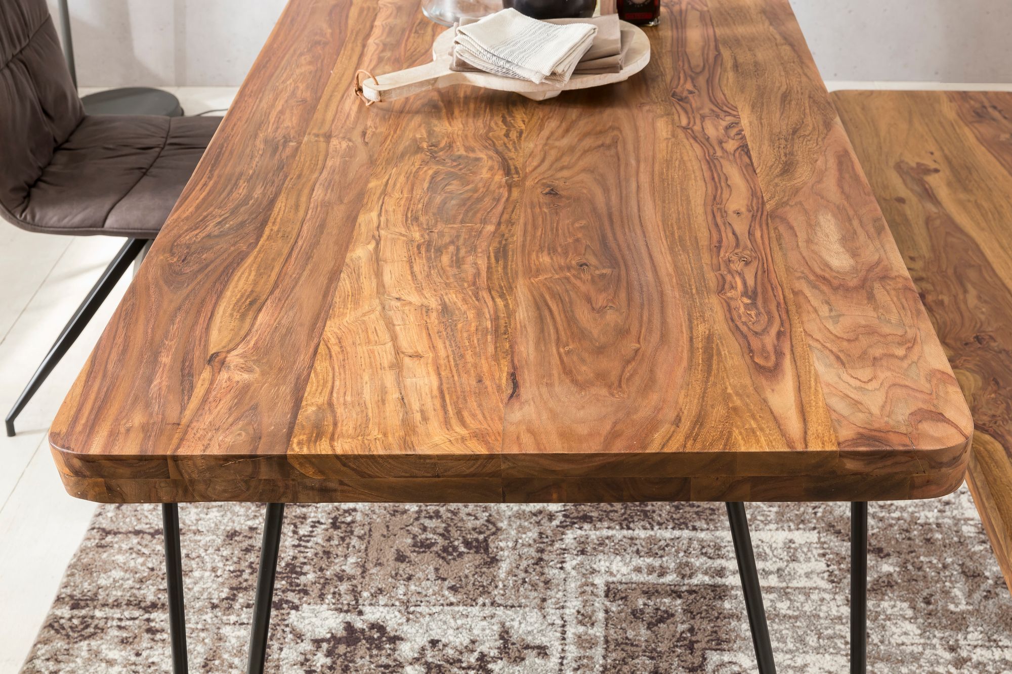 FineBuy Massiver Esstisch HARLEM Sheesham Massiv Holz, Esszimmertisch Massivholz mit Design Metall Beinen, Holztisch Tisch Esszimmer, Küchentisch | Farbe: Braun