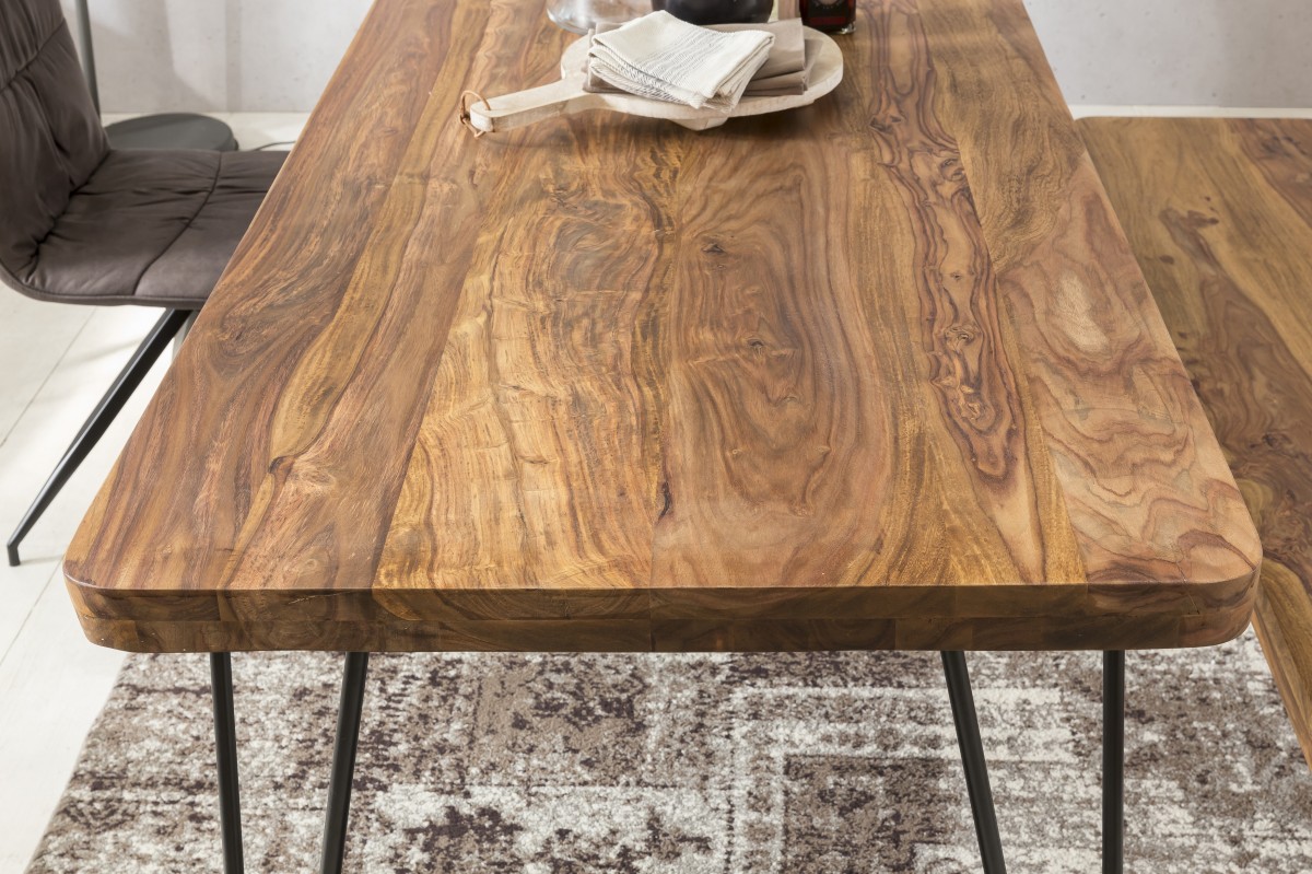 FineBuy Massiver Esstisch HARLEM Sheesham Massiv Holz, Esszimmertisch Massivholz mit Design Metall Beinen, Holztisch Tisch Esszimmer, Küchentisch | Farbe: Braun