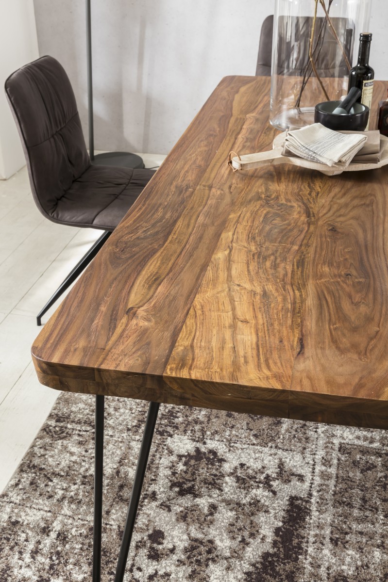 FineBuy Massiver Esstisch HARLEM Sheesham Massiv Holz, Esszimmertisch Massivholz mit Design Metall Beinen, Holztisch Tisch Esszimmer, Küchentisch | Farbe: Braun