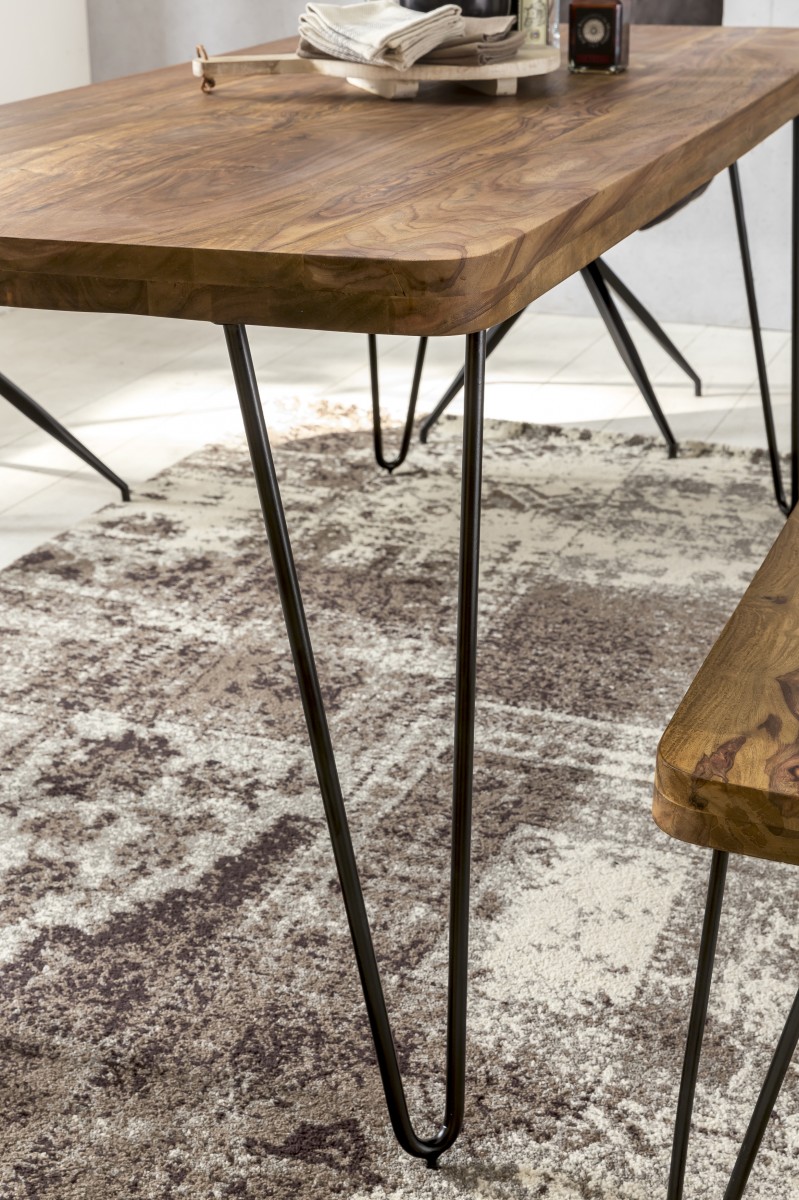 FineBuy Massiver Esstisch HARLEM Sheesham Massiv Holz, Esszimmertisch Massivholz mit Design Metall Beinen, Holztisch Tisch Esszimmer, Küchentisch | Farbe: Braun