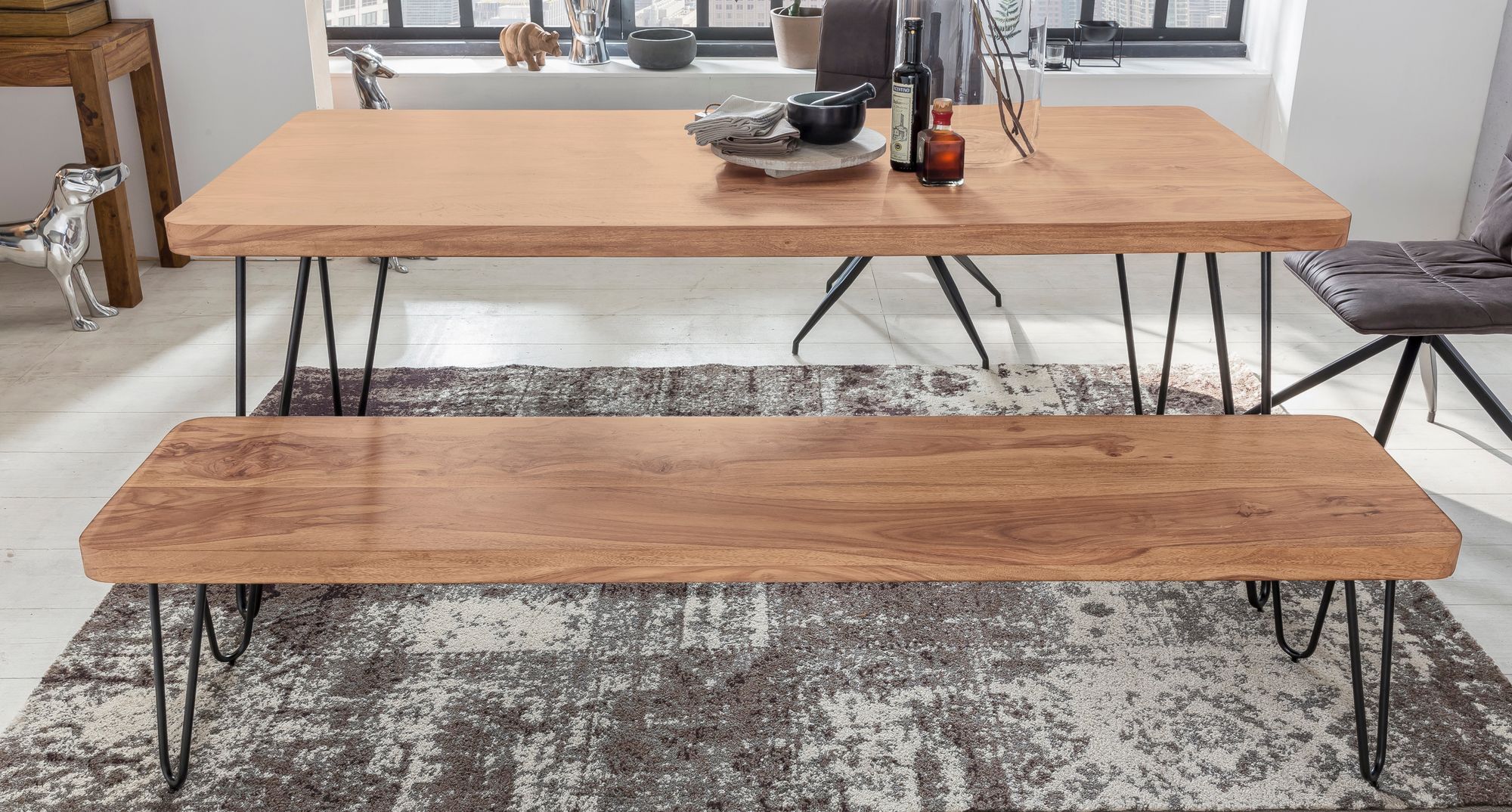 FineBuy Massive Sitzbank HARLEM Akazie Holz Bank für Esstisch massiv, Küchenbank Massivholz, Essbank ohne Lehne für Esszimmer | Farbe: Braun