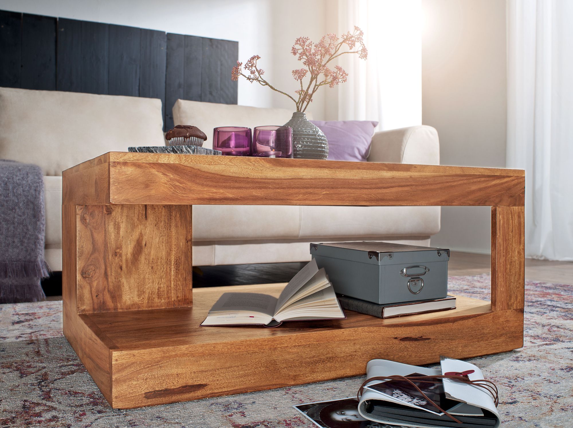 FineBuy Couchtisch Massiv-Holz 90 cm Design Wohnzimmer-Tisch dunkel-braun Landhaus-Stil Beistelltisch Farbe wählbar | Farbe: Braun