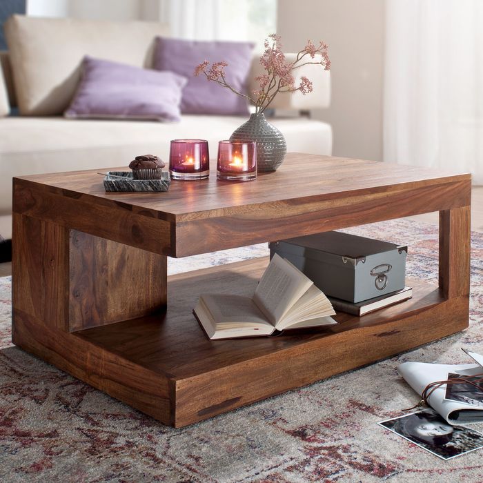 FineBuy Couchtisch Massivholz 90 cm Wohnzimmertisch braun Landhaus Beistelltisch