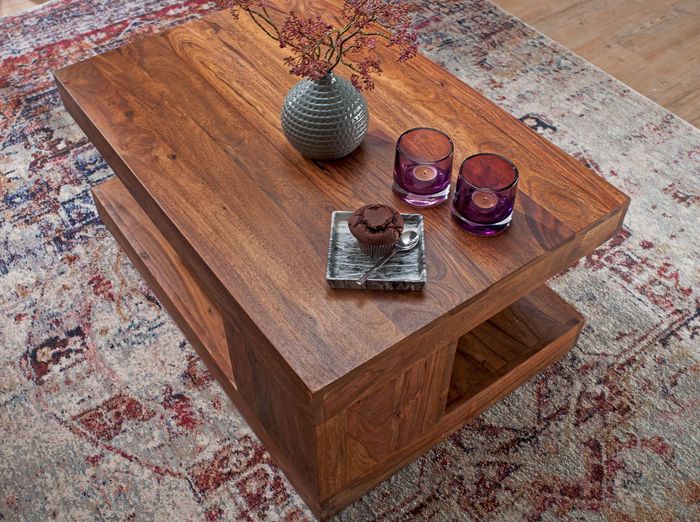 FineBuy Couchtisch Massivholz 90 cm Wohnzimmertisch braun Landhaus Beistelltisch – Maßzeichnung