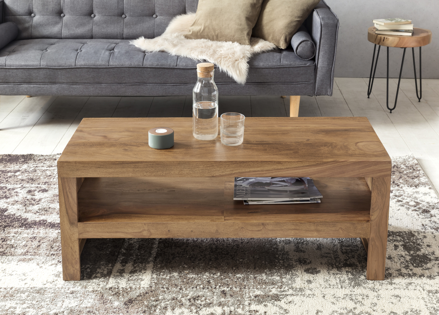 FineBuy Couchtisch Sheesham Massivholz 110cm - Rechteckiger Wohnzimmertisch mit Ablagefach - Handgefertigter Sofatisch aus Echtholz im natürlichen Landhaus Design | Farbe: Braun