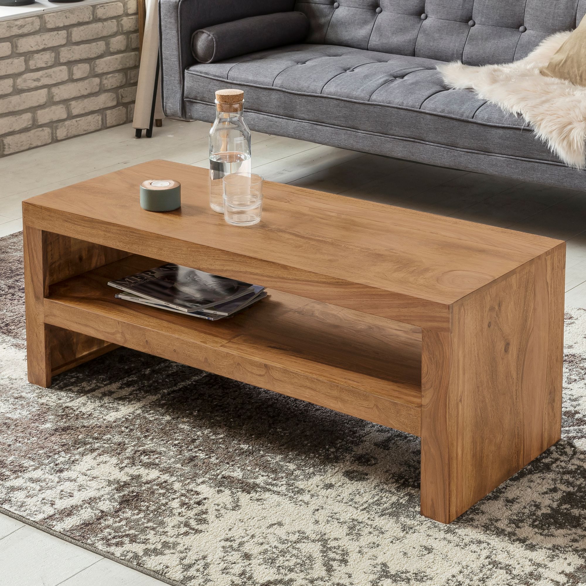 FineBuy Couchtisch Sheesham Massivholz 110cm - Rechteckiger Wohnzimmertisch mit Ablagefach - Handgefertigter Sofatisch aus Echtholz im natürlichen Landhaus Design | Farbe: Braun