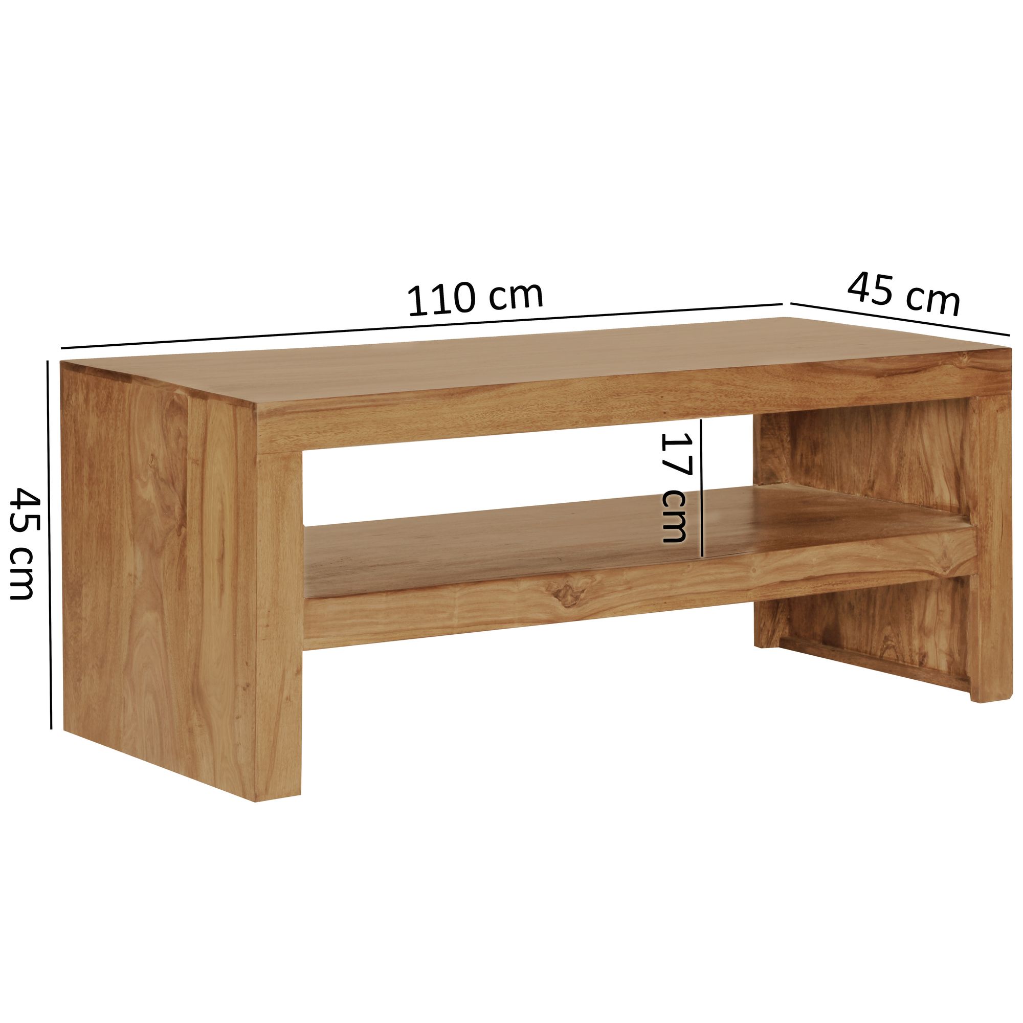 FineBuy Couchtisch Sheesham Massivholz 110cm - Rechteckiger Wohnzimmertisch mit Ablagefach - Handgefertigter Sofatisch aus Echtholz im natürlichen Landhaus Design | Farbe: Braun