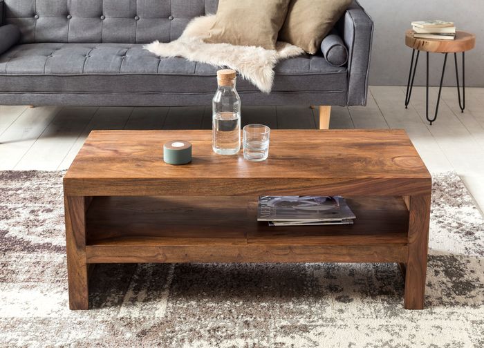 Couchtisch Sheesham Massivholz 110cm Rechteckiger Wohnzimmertisch mit Ablage – Maßzeichnung