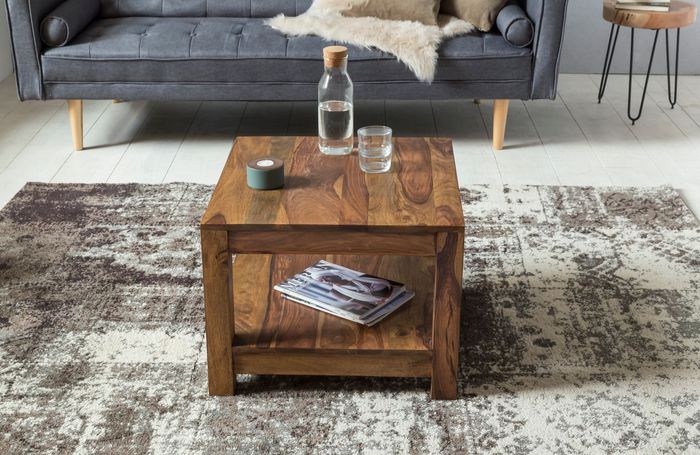 FineBuy Couchtisch Massivholz 60x60 cm mit Ablage Quadratischer Wohnzimmertisch – Maßzeichnung