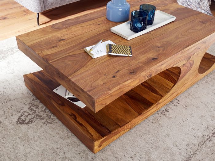 FineBuy Couchtisch Massivholz 120 cm mit Ablage · Rechteckig Wohnzimmertisch – Maßzeichnung
