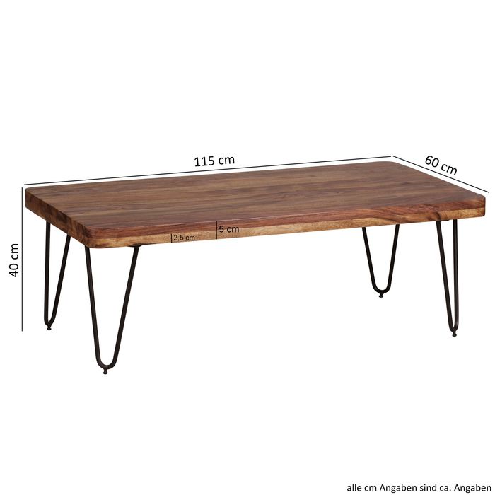 FineBuy Couchtisch Massivholz 115 cm Hairpin Beinen Wohnzimmertisch Industrial – Maßzeichnung