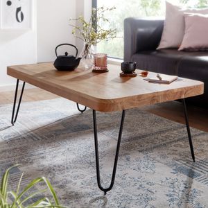 FineBuy Couchtisch Harlem Massivholz 115x40x60 cm Wohnzimmertisch, Design Sofatisch mit Metallbeine, Beistelltisch Rustikal, Tisch Landhaus Stil 6231