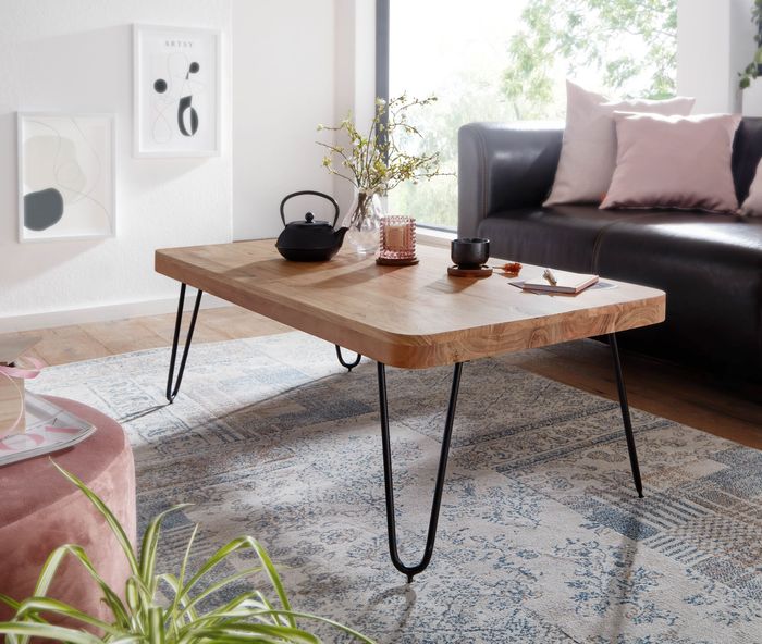 FineBuy Couchtisch Harlem Massivholz 115x40x60 cm Wohnzimmertisch, Design Sofatisch mit Metallbeine, Beistelltisch Rustikal, Tisch Landhaus Stil 6231