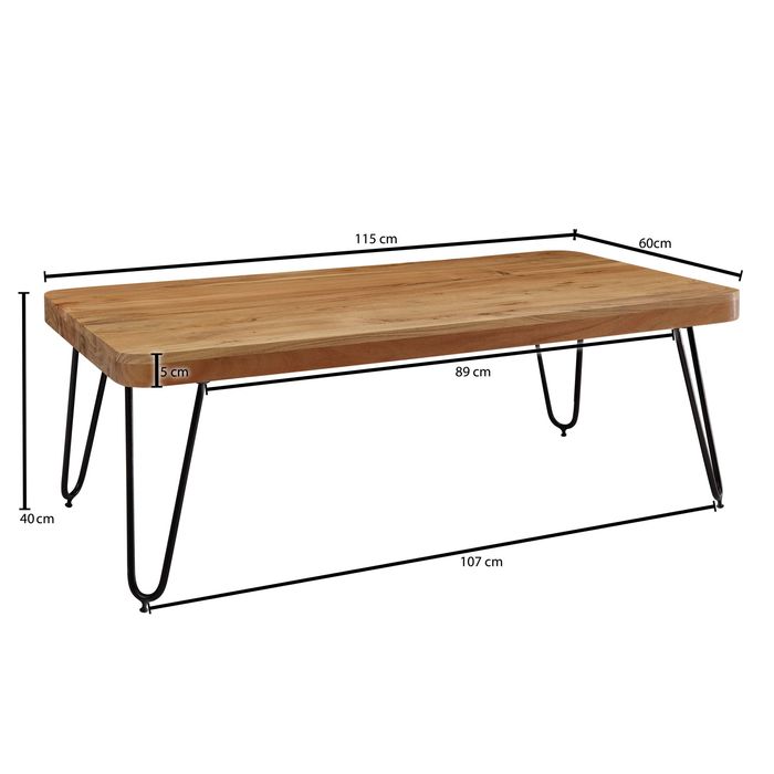 FineBuy Couchtisch Massivholz 115 cm Hairpin Beinen Wohnzimmertisch Industrial – Maßzeichnung