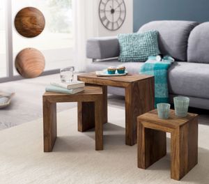SV43513 FineBuy 3er Set Satztisch Massiv-Holz Wohnzimmer-Tisch Landhaus-Stil Beistelltisch dunkel-braun Naturholz Couchtisch Natur-Produkt Wohnzimmermöbel Unikat Massivholzmöbel Echtholz Anstelltisch 6238