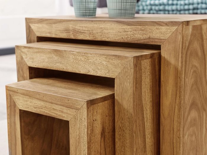 FineBuy 3er Set Satztisch Massivholz Wohnzimmertisch Landhausstil Beistelltisch – Maßzeichnung