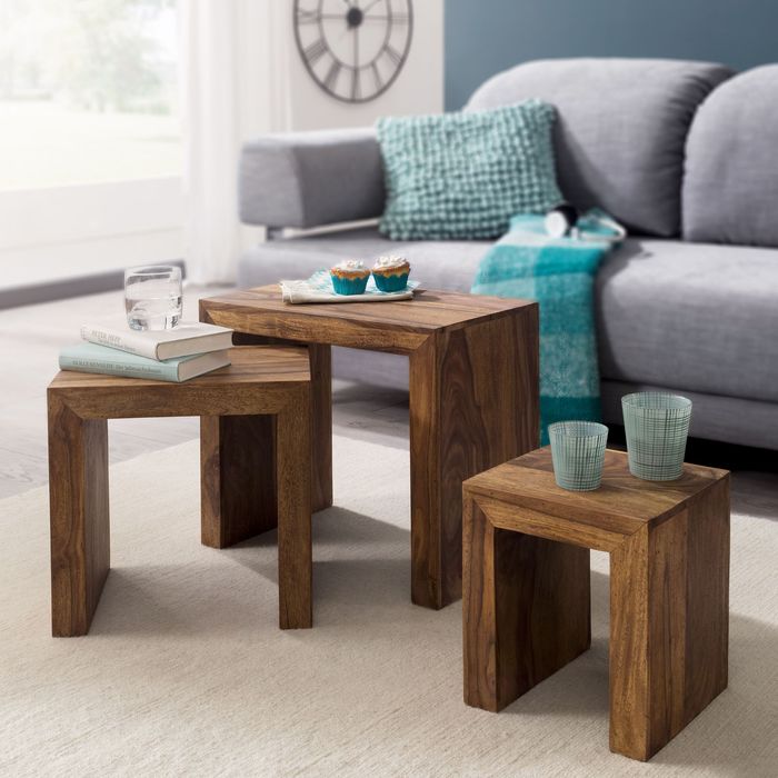 FineBuy 3er Set Satztisch Massivholz Wohnzimmertisch Landhausstil Beistelltisch