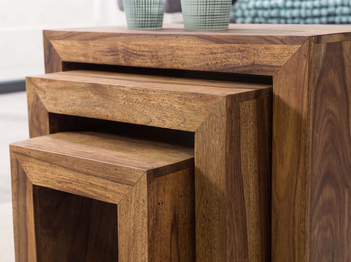 FineBuy 3er Set Satztisch Massivholz Wohnzimmertisch Landhausstil Beistelltisch – Maßzeichnung