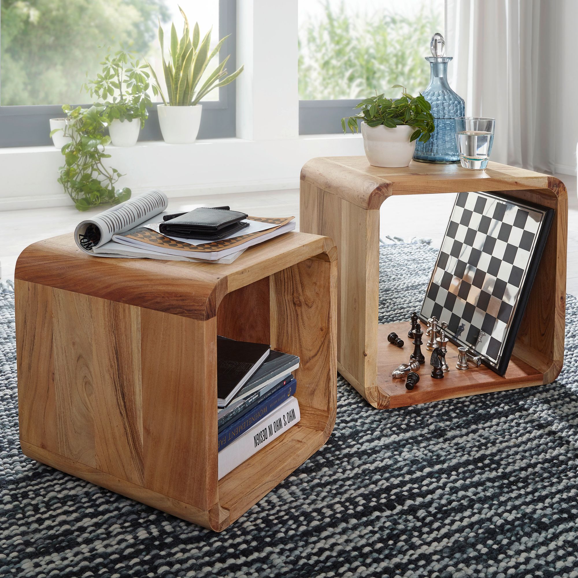 FineBuy 2er Set Satztisch Massivholz Design Couchtisch Akazie 2 Tische, Würfelregal-Set Braun, Wohnzimmertisch Massiv, Beistelltische Holz Landhaus Stil, Holztisch Wohnzimmer | | Farbe: Braun