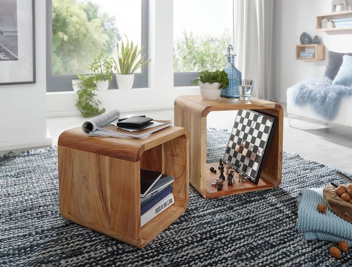 FineBuy 2er Set Satztisch Massivholz Design Couchtisch Akazie 2 Tische, Würfelregal-Set Braun, Wohnzimmertisch Massiv, Beistelltische Holz Landhaus Stil, Holztisch Wohnzimmer | 4250950232709