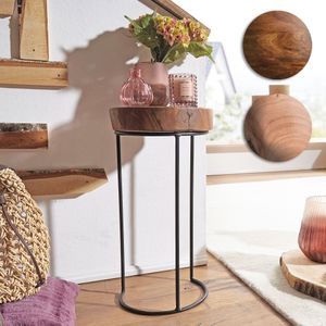 FineBuy Beistelltisch Massiv-Holz Wohnzimmer-Tisch Metallbeine Landhaus Baumstamm-Form Echt-Holz Natur Farbe wählbar 6245