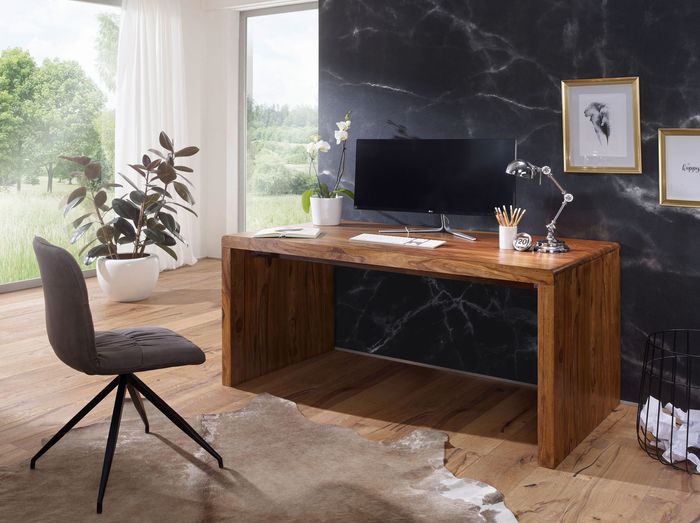 Schreibtisch FineBuy Holz Massiv Sheesham Büro Arbeitszimmer Tisch Holztisch – Maßzeichnung