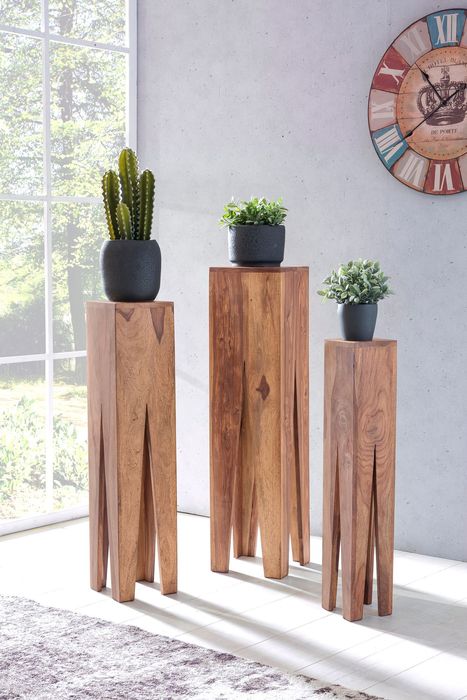 Satztisch FineBuy Massivholz Blumentisch 3er Set Säulentisch Dekosäule Eckig – Maßzeichnung