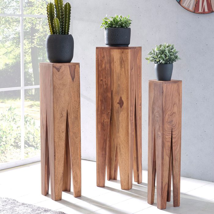 Satztisch FineBuy Massivholz Blumentisch 3er Set Säulentisch Dekosäule Eckig