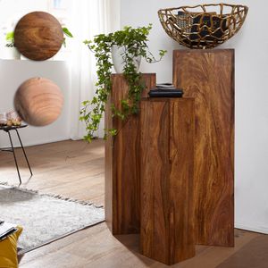 SV43538 FineBuy Beistelltisch 3er Set Massivholz Satztisch Quadratisch Modern, Säulentisch Pflanzentisch 3-teilig, Blumenständer Blumentisch Wohnzimmer, Pflanzenhocker Blumenhocker Dekosäule 6263