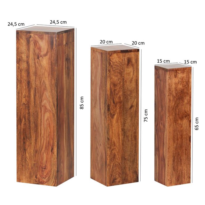 Satztisch FineBuy Massivholz Blumentisch 3er Set Säulentisch Dekosäule Eckig – Maßzeichnung