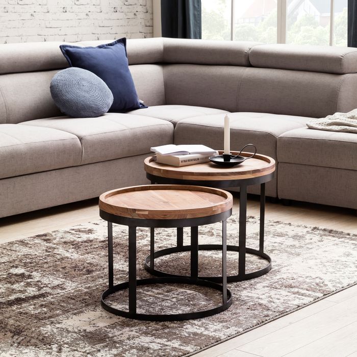 Couchtisch 2er Set Massivholz Wohnzimmertisch Industrial Design Metallgestell