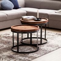 Couchtisch 2er Set Massivholz Wohnzimmertisch Industrial Design Metallgestell – Ansicht 1