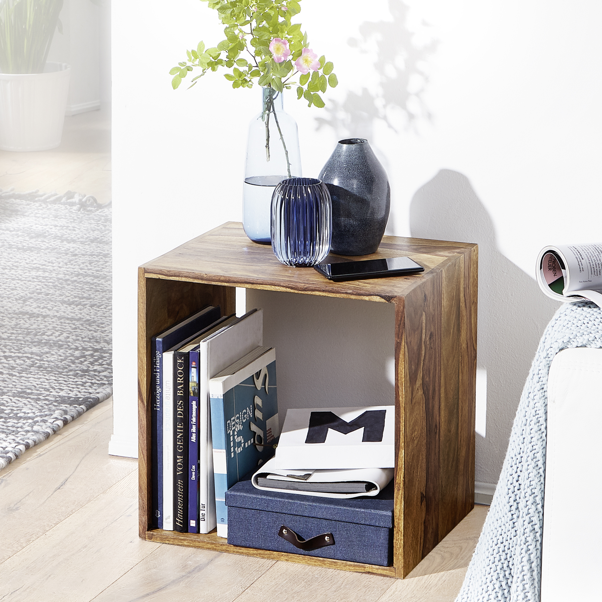 FineBuy Standregal Massivholz 43,5 cm Cube Regal Holzregal Naturprodukt Beistelltisch Landhausstil | Farbe: Braun