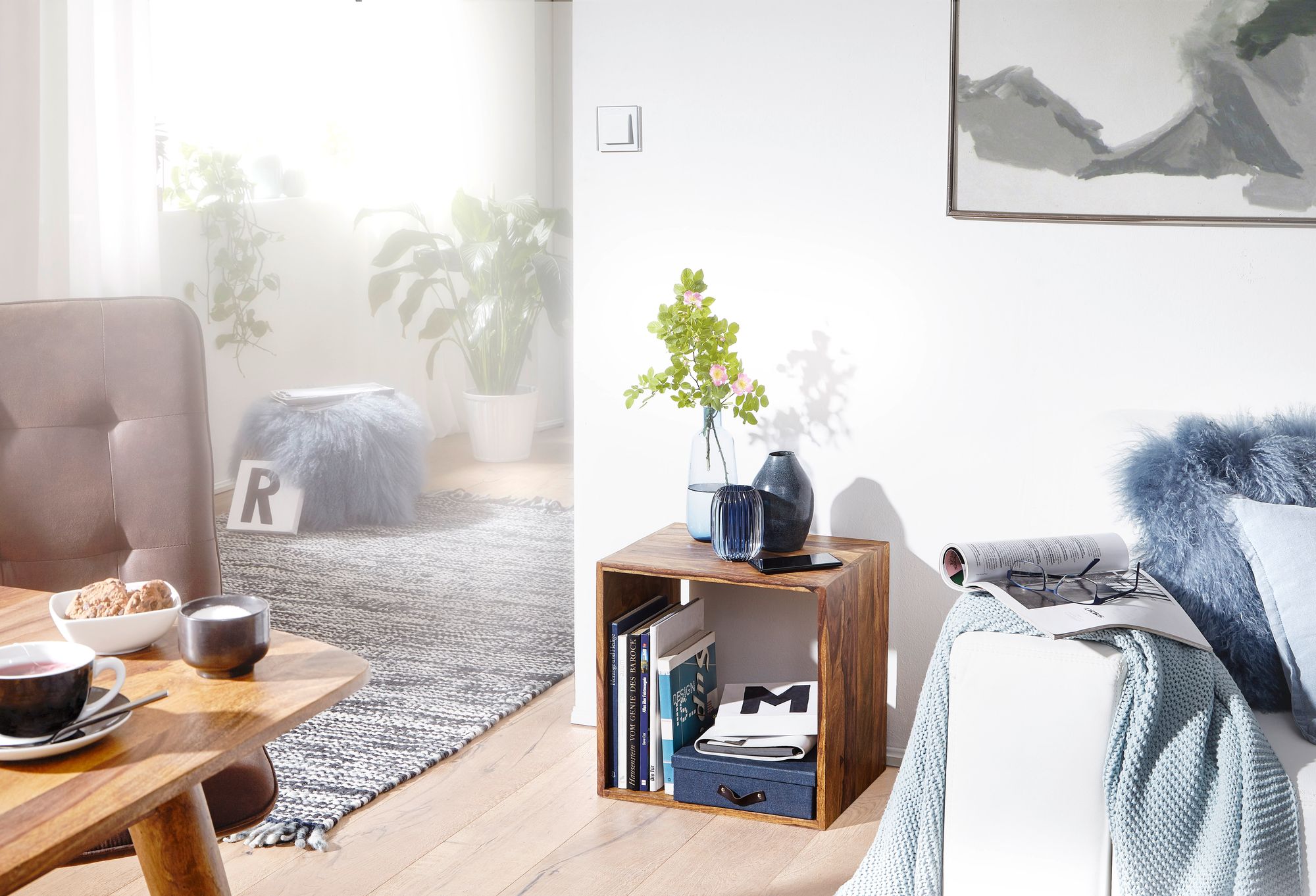 FineBuy Standregal Massivholz 43,5 cm Cube Regal Holzregal Naturprodukt Beistelltisch Landhausstil | Farbe: Braun