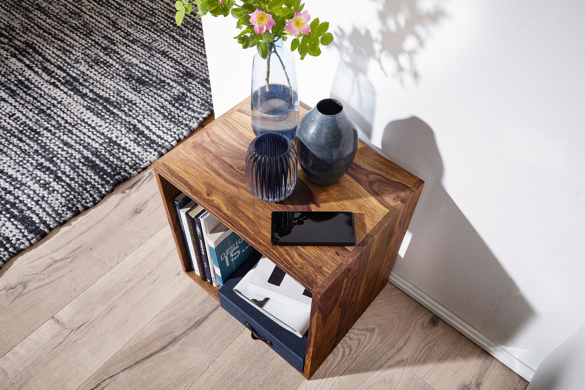 FineBuy Standregal Massivholz 43,5 cm Cube Regal Holzregal Naturprodukt Beistelltisch Landhausstil | Farbe: Braun