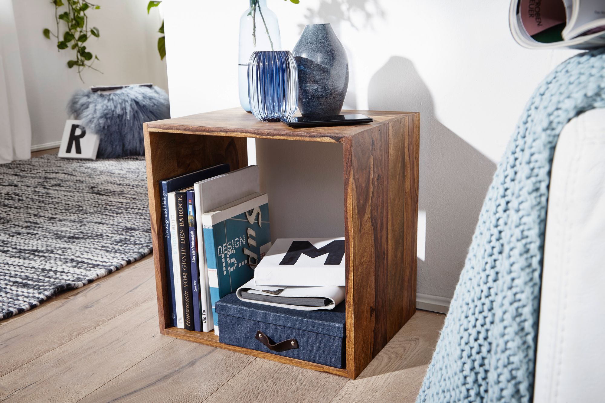 FineBuy Standregal Massivholz 43,5 cm Cube Regal Holzregal Naturprodukt Beistelltisch Landhausstil | Farbe: Braun