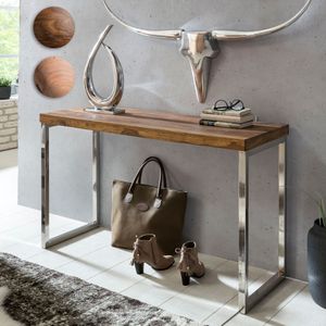 SV43565 FineBuy Konsolentisch Massivholz Konsole mit Metallbeinen Schreibtisch 120 x 45 cm Landhaus-Stil Sideboard Modern Massiv dunkel-braun Echt-holz Natur