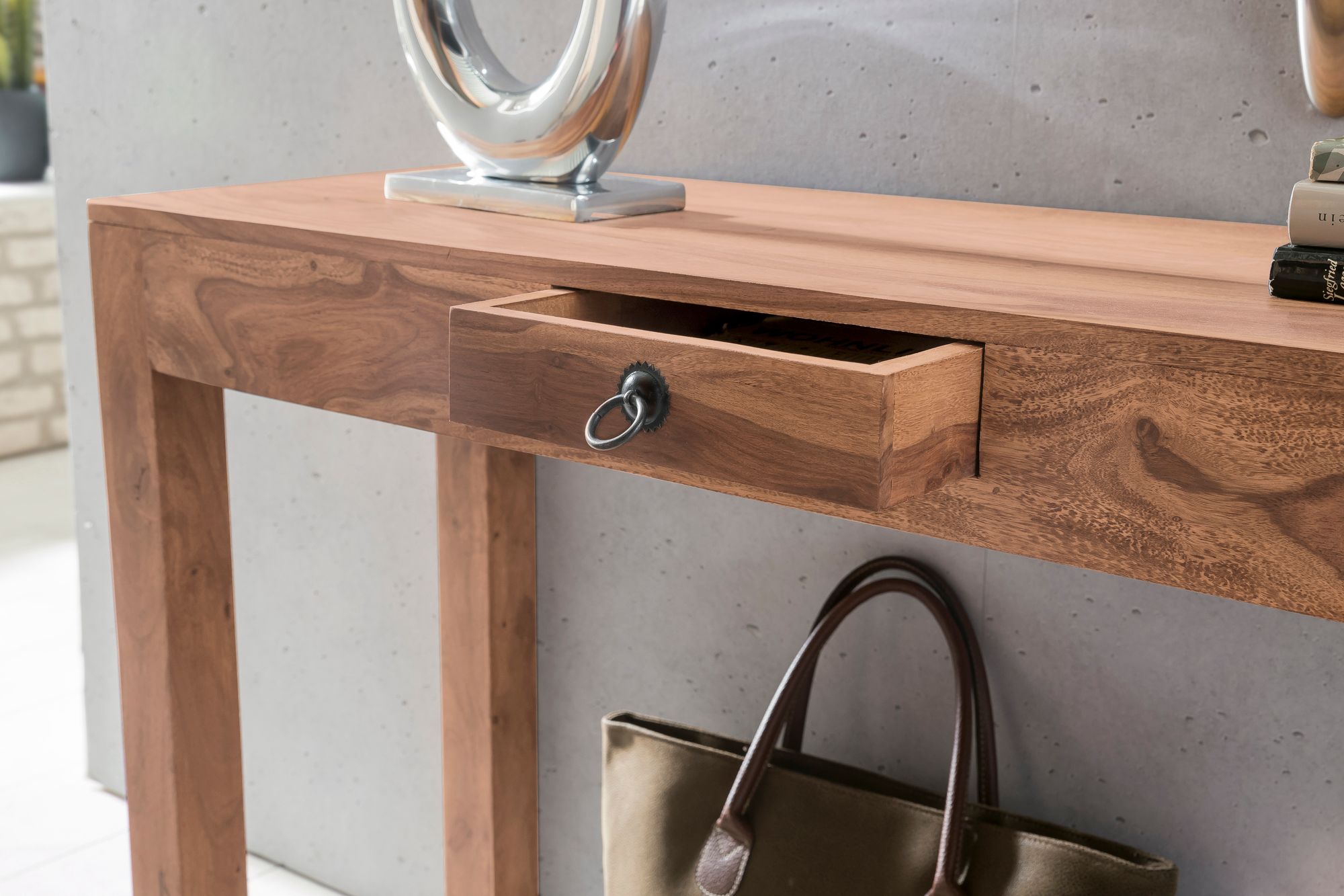 FineBuy Konsolentisch Massivholz Konsole mit 1 Schublade Schreibtisch 120 x 40 cm Landhaus Sideboard Farbe wählbar | Farbe: Braun