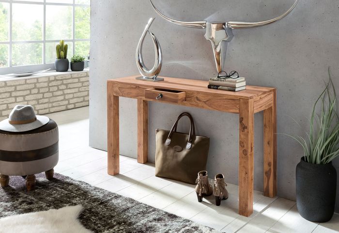 FineBuy Konsolentisch Massivholz Konsole mit 1 Schublade Schreibtisch 120 x 40 cm Landhaus Sideboard Farbe wählbar