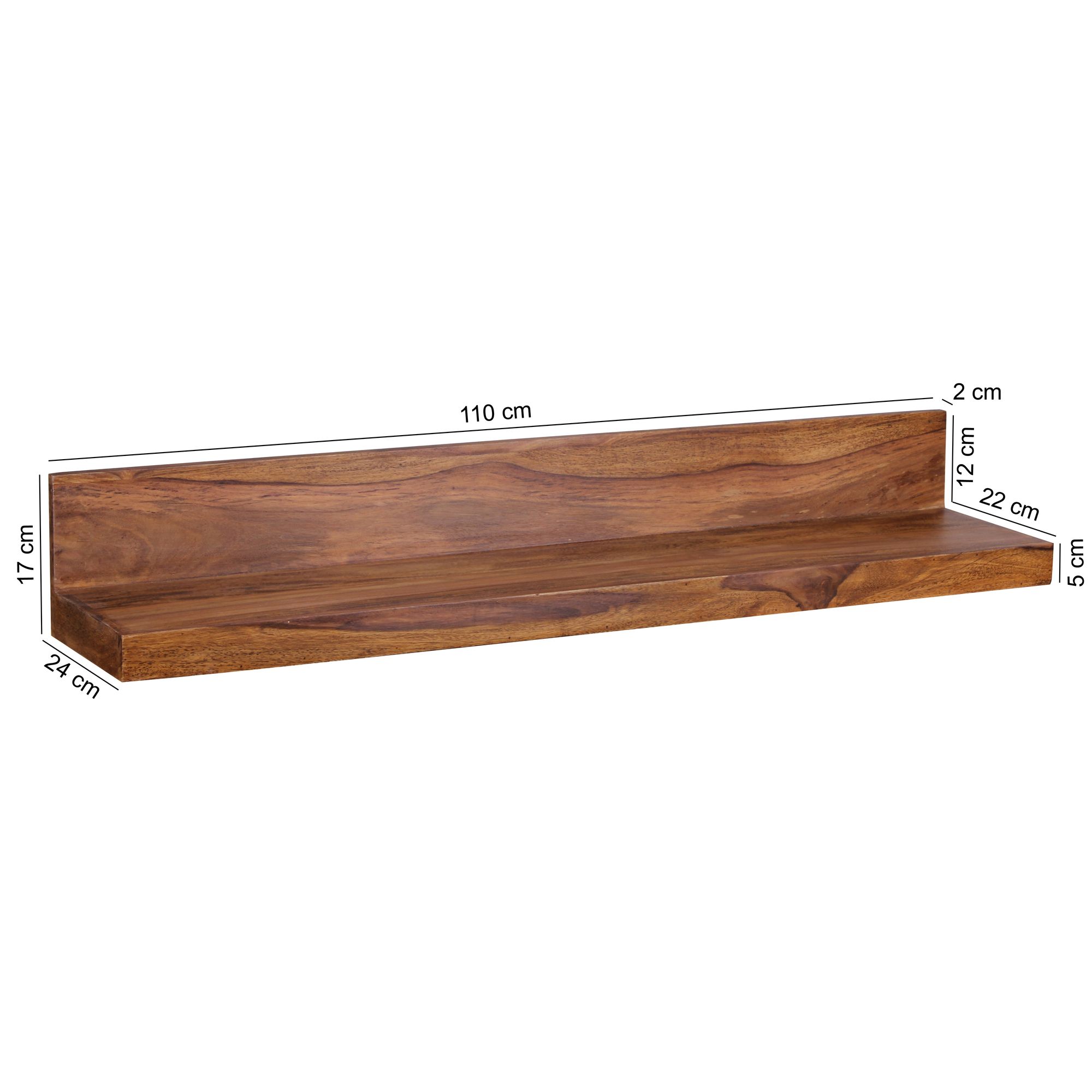 FineBuy Wandregal Massivholz Sheesham Holzregal Landhausstil Hängeregal Wandboard Naturprodukt Regal Größe wählbar | Farbe: Braun