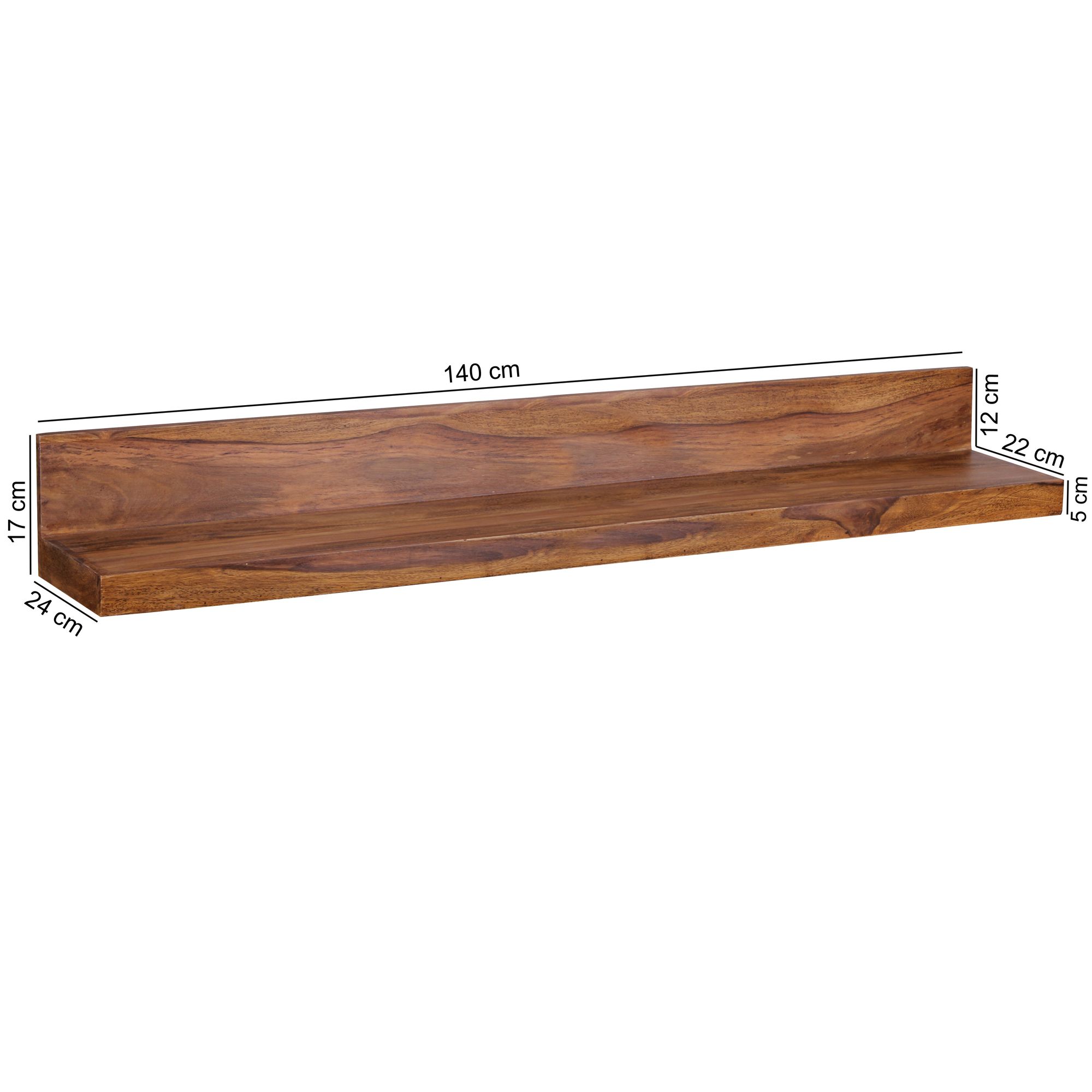 FineBuy Wandregal Massivholz Sheesham Holzregal Landhausstil Hängeregal Wandboard Naturprodukt Regal Größe wählbar | Farbe: Braun