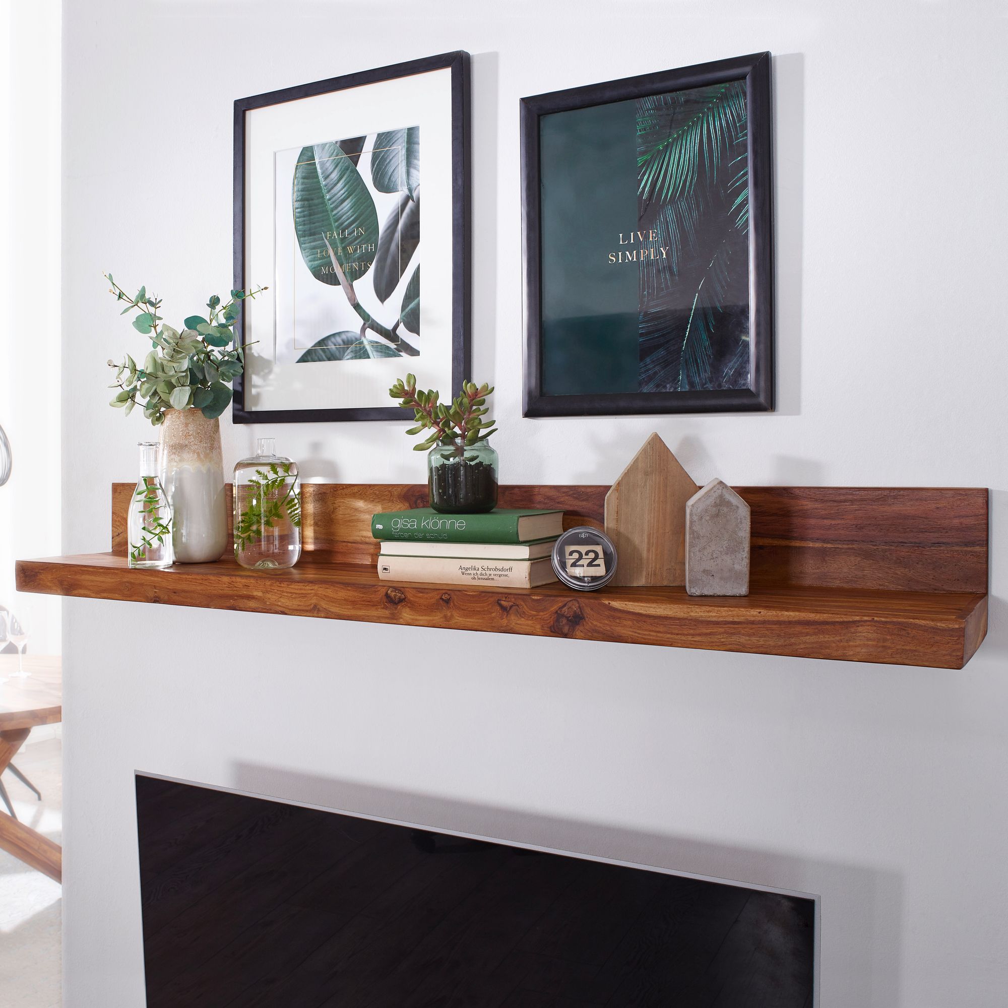 FineBuy Wandregal Massivholz Sheesham Holzregal Landhausstil Hängeregal Wandboard Naturprodukt Regal Größe wählbar | Farbe: Braun