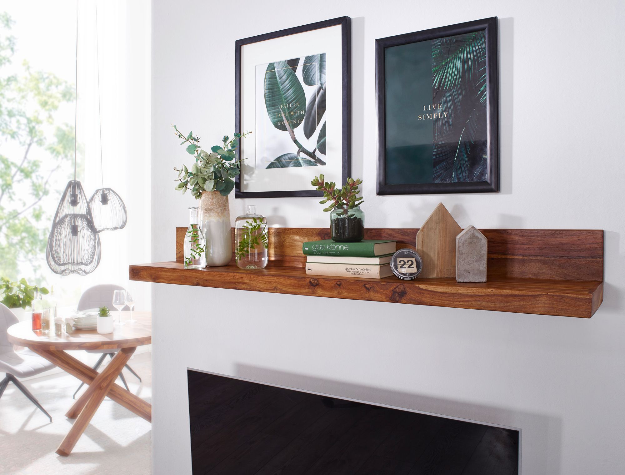 FineBuy Wandregal Massivholz Sheesham Holzregal Landhausstil Hängeregal Wandboard Naturprodukt Regal Größe wählbar | Farbe: Braun