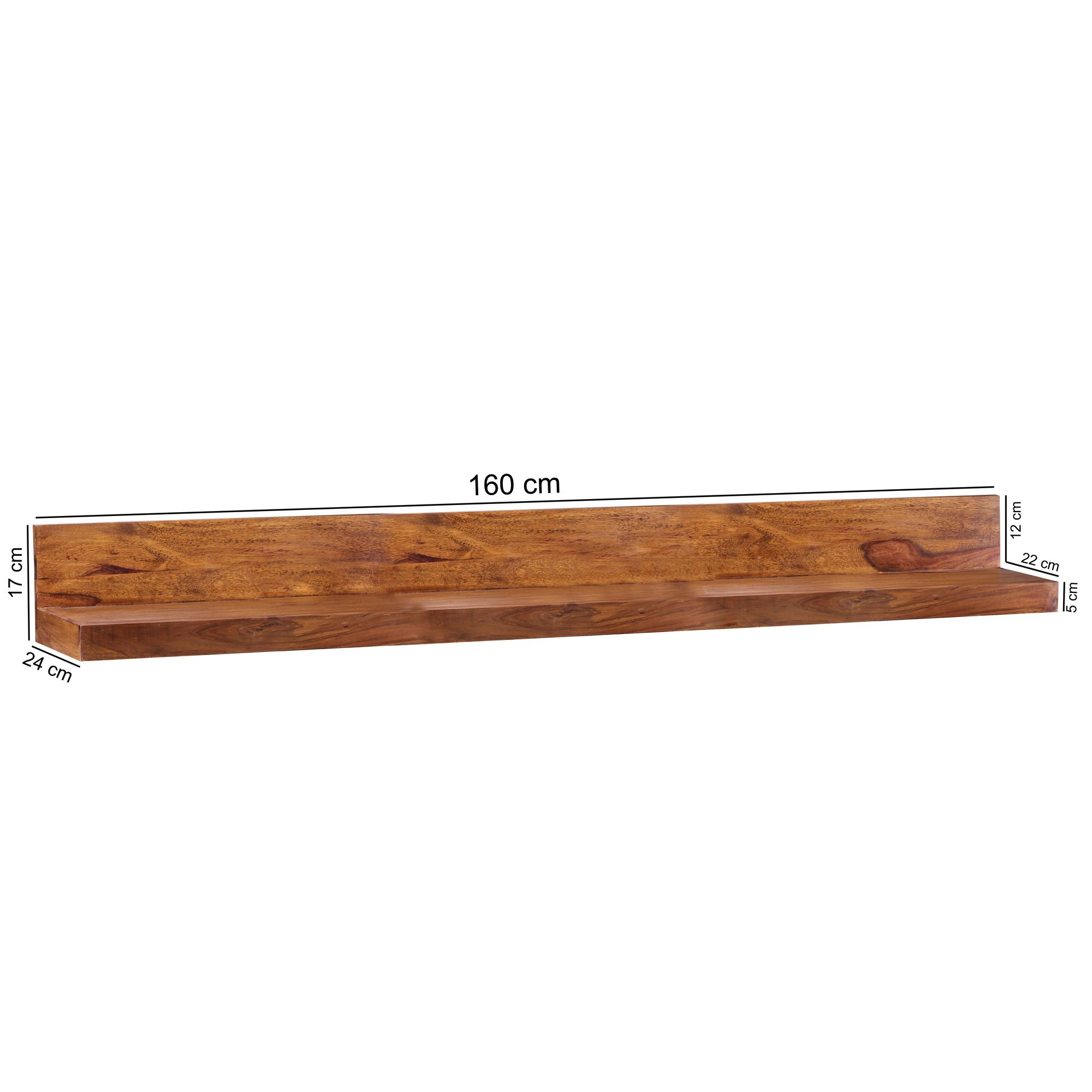 FineBuy Wandregal Massivholz Sheesham Holzregal Landhausstil Hängeregal Wandboard Naturprodukt Regal Größe wählbar | Farbe: Braun