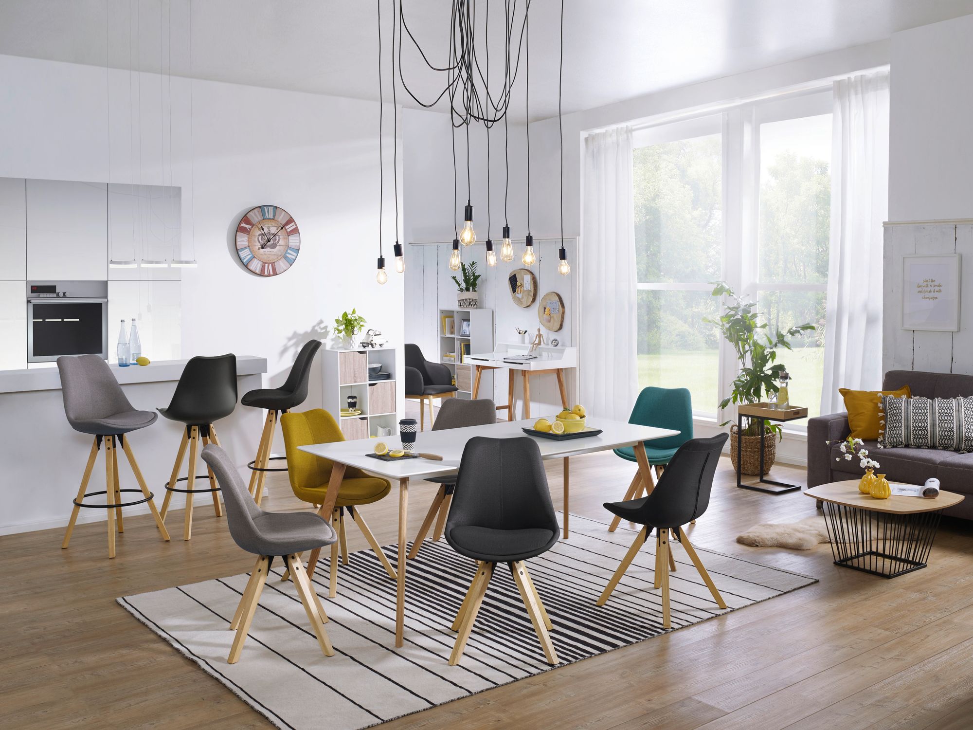 FineBuy Design Esszimmerstühle 2er Set SV43580 Skandinavische Stühle mit Holzbeinen, Retro Stuhlset Bunt, Küchenstühle mit Stoff, Lehnenstuhl Modern, Küchenstuhl Esszimmer | Farbe: Grau