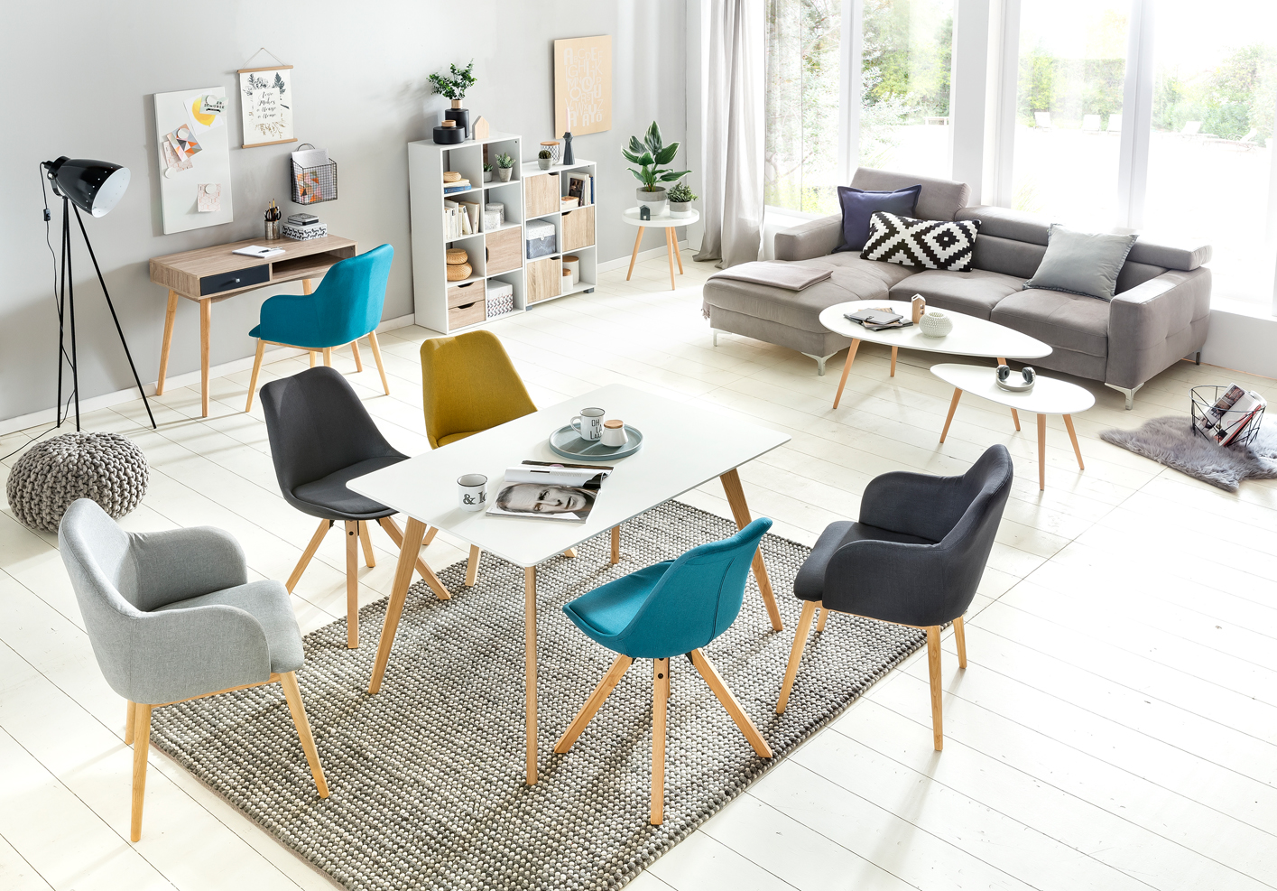 FineBuy Design Esszimmerstühle 2er Set SV43580 Skandinavische Stühle mit Holzbeinen, Retro Stuhlset Bunt, Küchenstühle mit Stoff, Lehnenstuhl Modern, Küchenstuhl Esszimmer | Farbe: Grau