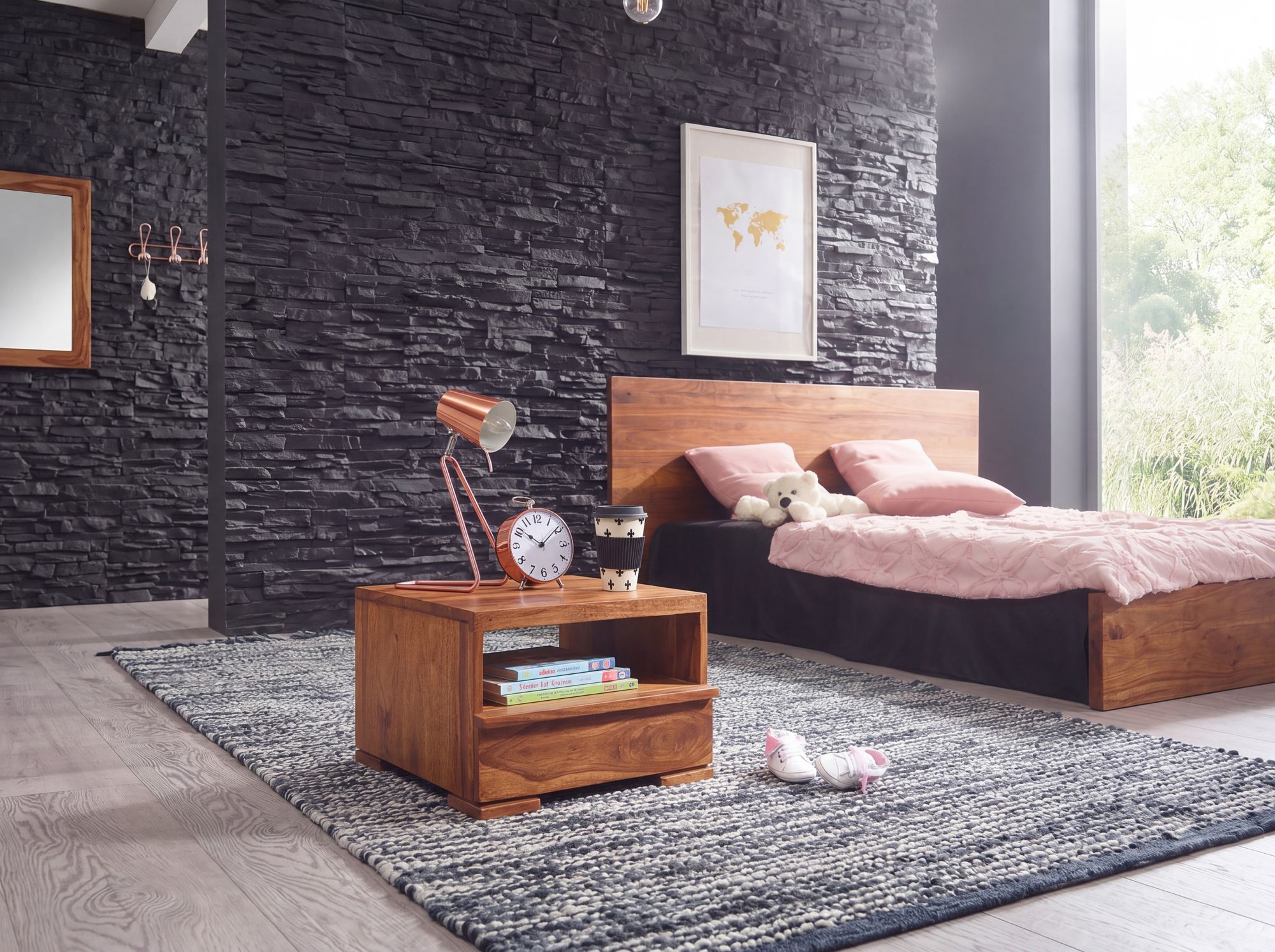 Nachttisch Massivholz Schublade & Ablage Flache Nachtkommode Futon Nachtkästchen – Ansicht 4