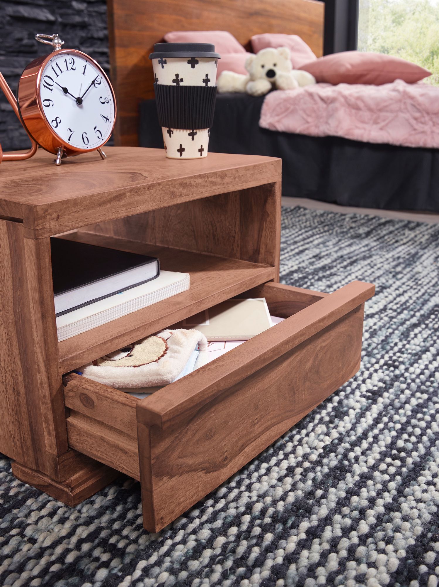 FineBuy Nachttisch Massivholz mit Schublade & Ablagefach – Flache Landhaus Nachtkommode für Schlafzimmer, Nachtkästchen mit Stauraum für Futon Betten – 40x40x30 cm | Farbe: Braun