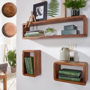 SV43583 FineBuy Design Wandregal 3er Set Massiv Holzregale Landhausstil, Rustikales Wandregal-Set Holz, Hängeregal Viereckig Echtholz, Wand-Regale, Hängend Würfel, Regal Wandkästen Eckig 6306
