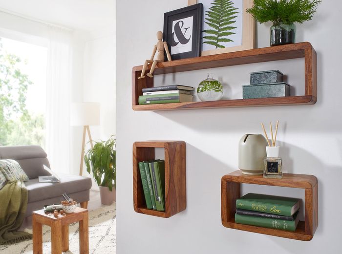 FineBuy Design Wandregal 3er Set Massiv Holzregale Landhausstil, Rustikales Wandregal-Set Holz, Hängeregal Viereckig Echtholz, Wand-Regale, Hängend Würfel, Regal Wandkästen Eckig 6306